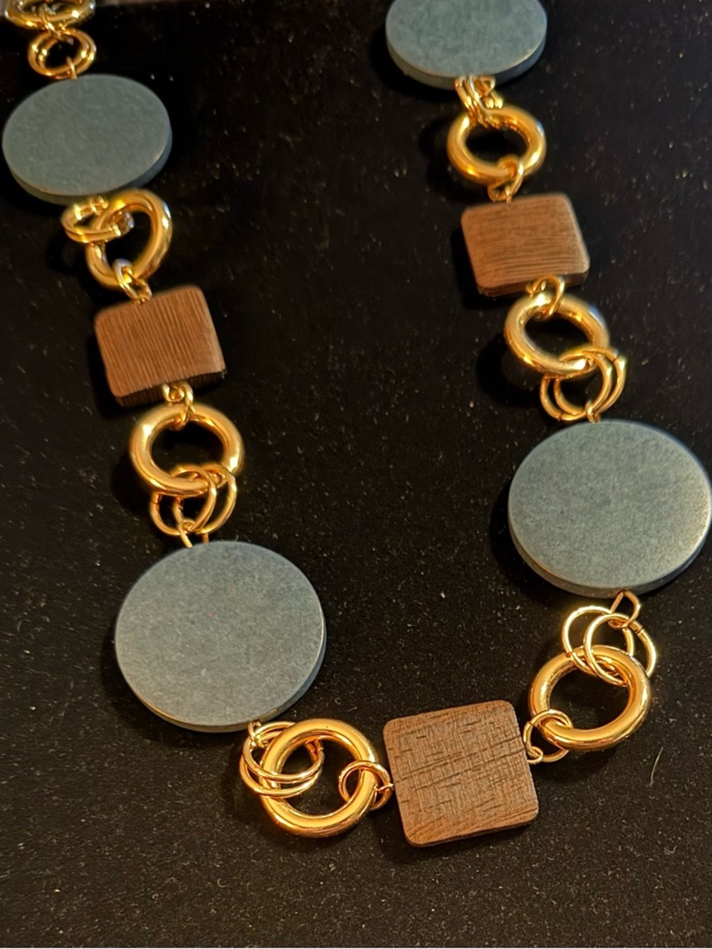 Gold Link Necklace with Matte Teal Discs and Brown Wood Accents